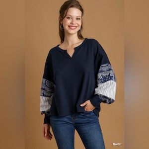 Boxy Cut Split Neck Mix Print Thermal Top